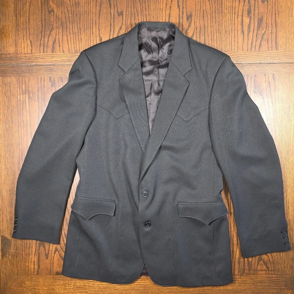 Vintage Sheplers Black Western 2 Piece Suit 42L Coat 33x34 Trousers USA Made